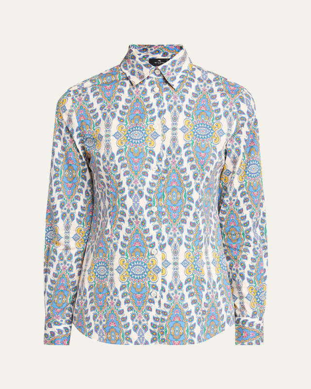 Stretch Cotton Paisley Button-Front Shirt